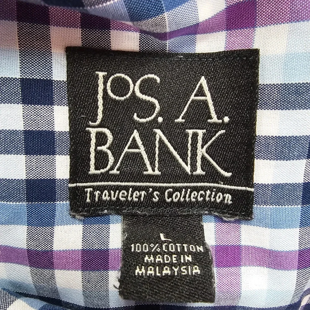 Jos. A. Bank Traveler's Collection Shirt Mens Large Purple Blue Plaid L/S Cotton